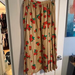 Anthropologie Tan Maxi Skirt with Red Strawberry Print